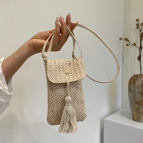 Women Woven Straw Mobile Phone Bag Bohemian Fringe Crossbody Small Square Bag With Tassel Casual Summer Beach Shoulder Bag