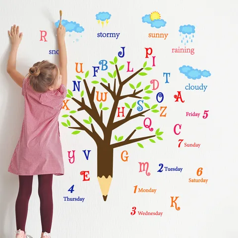 Bleistiftbaum Alphabet Wandtattoo Für Kinderzimmer Klassenzimmer PVC Pädagogische ABC Buchstaben Zahlen Wochentage Wetter Haus Deko