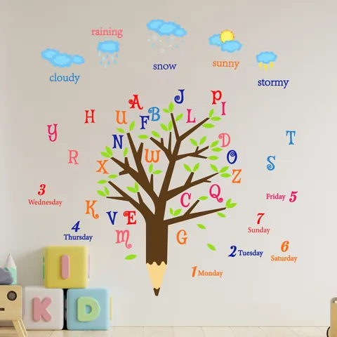 Bleistiftbaum Alphabet Wandtattoo Für Kinderzimmer Klassenzimmer PVC Pädagogische ABC Buchstaben Zahlen Wochentage Wetter Haus Deko