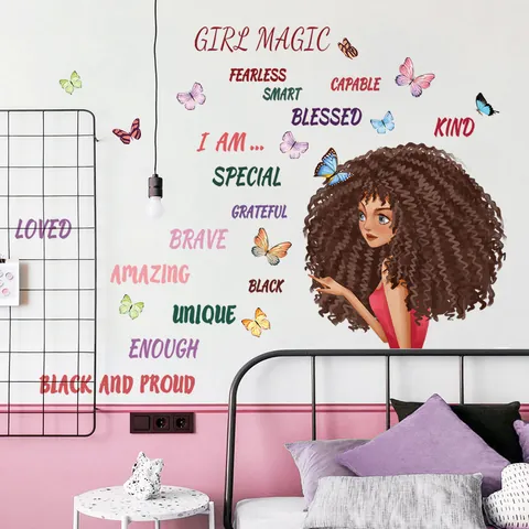 Stickers Muraux Inspirants Black Girl Magic Avec Papillons Et Citations Positives Décoration en PVC Amovible Pour Chambre d'Enfant