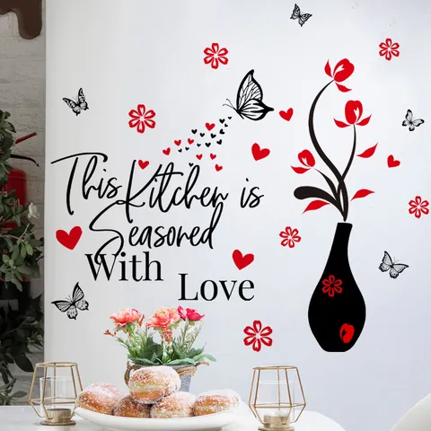 This Kitchen Is Seasoned With Love Wandaufkleber PVC Schwarz Vase Rot Blume Schmetterling Herz DIY Kunst Mural Haus Küche Dekor