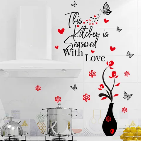 This Kitchen Is Seasoned With Love Wandaufkleber PVC Schwarz Vase Rot Blume Schmetterling Herz DIY Kunst Mural Haus Küche Dekor