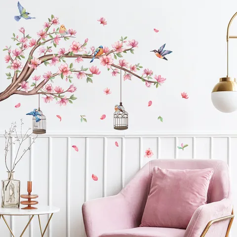 Pegatina de Pared de Rama de Pájaro y Flor de PVC Removible Árbol de Cerezo Jaula de Pájaros Para Sala de Estar Dormitorio Decoración