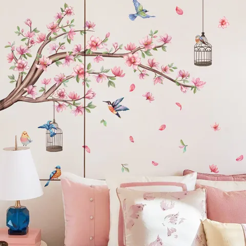 Pegatina de Pared de Rama de Pájaro y Flor de PVC Removible Árbol de Cerezo Jaula de Pájaros Para Sala de Estar Dormitorio Decoración