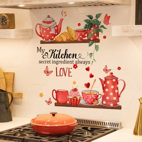 Keuken Muurstickers PVC Waterdicht Rode Stippen Theepot Kopje Cupcake Brood Patroon Verwijderbare Sticker Voor Huis Decoratie