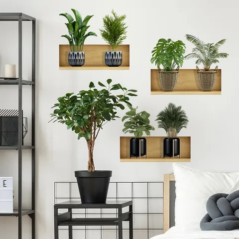 3D Potted Plants Wall Stickers PVC Removable Self-Adhesive Green Leaf Monstera Wood Shelf Design For Living Room Home Decor