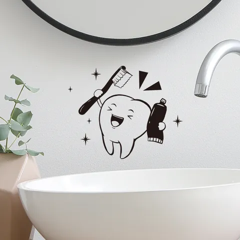 Pegatina de Pared Diente de Dibujos Animados Cepillado de Dientes Calcomanía de PVC Extraíble para Espejo de Baño Inodoro Moderno Simple Arte