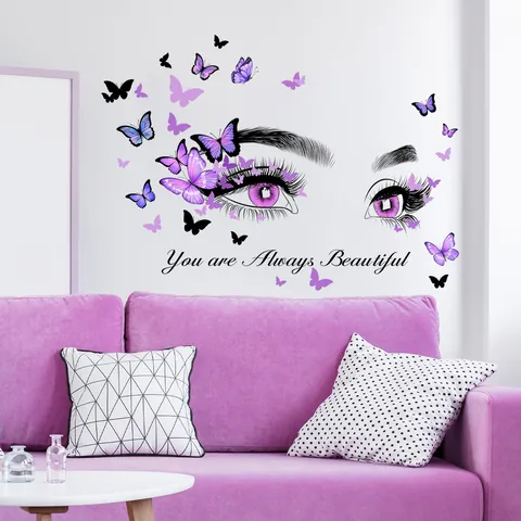 Purple Butterfly Eyes Wall Sticker PVC Decorative Decal You Are Always Beautiful Quote Art For Living Room Bedroom Decor