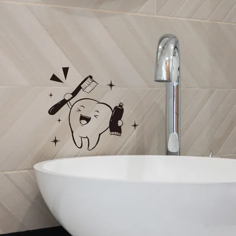Pegatina de Pared Diente de Dibujos Animados Cepillado de Dientes Calcomanía de PVC Extraíble para Espejo de Baño Inodoro Moderno Simple Arte