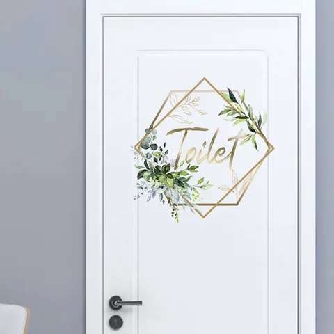Waterproof PVC Bathroom Toilet Door Stickers Golden Geometric Hexagon Circle Tropical Leaf Design Washroom Restroom Wall Sign Decor