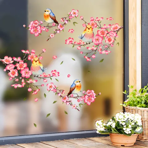 Pegatinas de Pared de Pájaros de Dibujos Animados Rama de Árbol Flores PVC Acuarela Pájaro Autoadhesivo Calcomanías de Vidrio