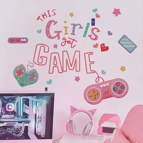 THIS Girl's Got Game Wall Sticker Gamepad Heart Star Pattern Removable PVC Decal For Girls Bedroom Gaming Room Decor