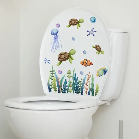 Watercolor Ocean Sea Turtle Jellyfish Wall Stickers Waterproof PVC Self Adhesive Toilet Lid Decor For Bathroom Kids Room