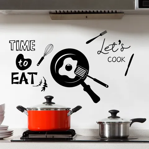 Kitchen Theme Wall Sticker Set TIME to EAT Let's COOK Removable PVC Black Wall Decals For Kitchen Dining Room Home Decor