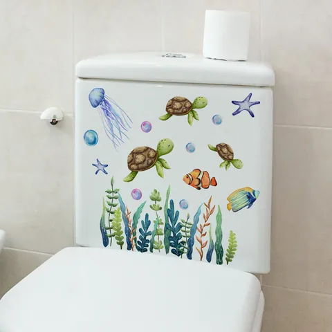 Watercolor Ocean Sea Turtle Jellyfish Wall Stickers Waterproof PVC Self Adhesive Toilet Lid Decor For Bathroom Kids Room