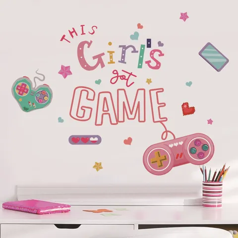 THIS Girl's Got Game Wall Sticker Gamepad Heart Star Pattern Removable PVC Decal For Girls Bedroom Gaming Room Decor