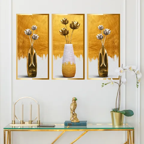 Stickers Muraux Modernes Vase Abstrait Fleur 3D Visuel PVC Autocollant Décalcomanies Or Argent Art Floral Murales