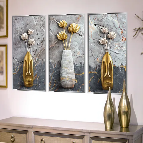 Adesivi Murali Vaso Di Fiori Astratto Set Texture Marmo Oro Grigio PVC Autoadesivo Decorazione Domestica Murale Per Soggiorno Camera Da Letto