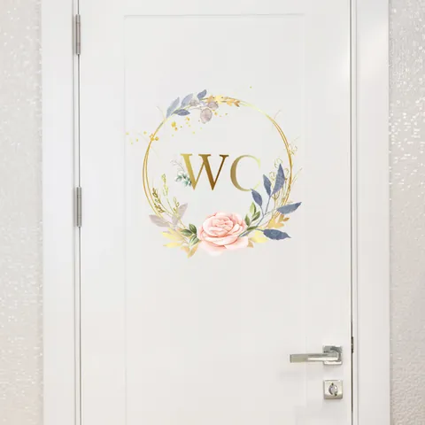 Floral Wreath Bathroom Wall Sticker Golden WC Lettering Sign Decal Self Adhesive Mirror Decoration For Toilet Washroom Home Decor