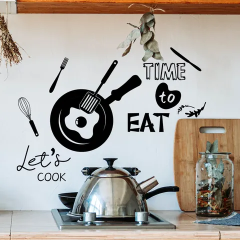 Kitchen Theme Wall Sticker Set TIME to EAT Let's COOK Removable PVC Black Wall Decals For Kitchen Dining Room Home Decor