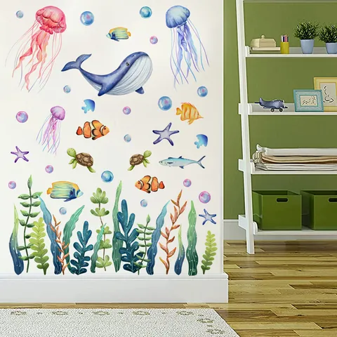 Adesivo da Parete Vita Marina Acquerello Balena Medusa Tartaruga Marina Alghe Decalcomania PVC Rimovibile DIY per Decorazione Camera Bambini