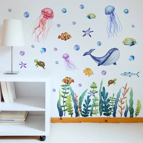 Adesivo da Parete Vita Marina Acquerello Balena Medusa Tartaruga Marina Alghe Decalcomania PVC Rimovibile DIY per Decorazione Camera Bambini