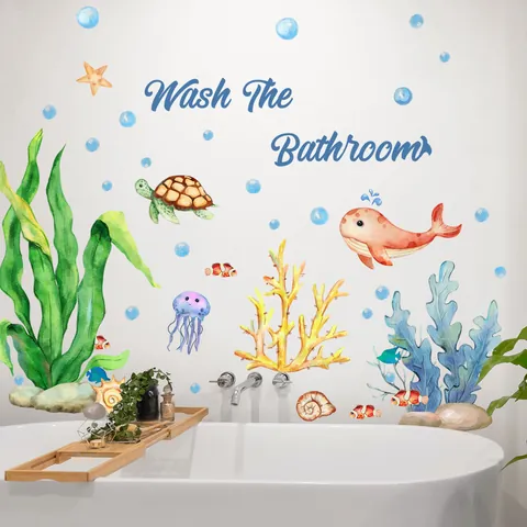 Ocean Theme Bathroom Wall Sticker PVC Waterproof Sea Creatures Whale Turtle Decal For Bathtub Wash The Bathroom Decor