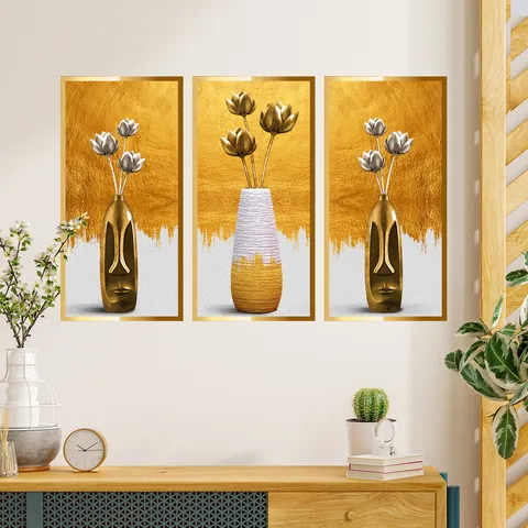 Stickers Muraux Modernes Vase Abstrait Fleur 3D Visuel PVC Autocollant Décalcomanies Or Argent Art Floral Murales