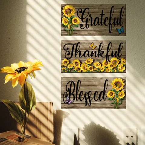 Zonnebloem Vlinder 3D Muursticker Rustiek Houtnerf Ontwerp Grateful Thankful Blessed Citaten PVC Sticker Home Decor