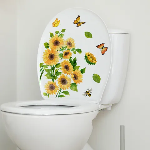 Sunflower Butterfly Bee Wall Sticker PVC Waterproof Toilet Seat Cover Decal For Bathroom Home Decor DIY Art Mural