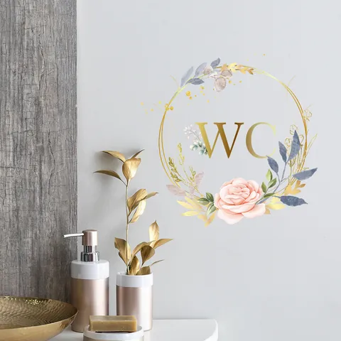 Floral Wreath Bathroom Wall Sticker Golden WC Lettering Sign Decal Self Adhesive Mirror Decoration For Toilet Washroom Home Decor