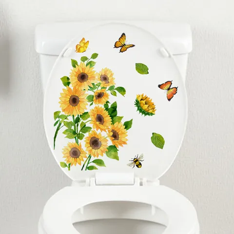 Sunflower Butterfly Bee Wall Sticker PVC Waterproof Toilet Seat Cover Decal For Bathroom Home Decor DIY Art Mural