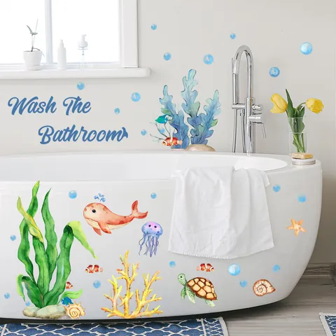 Ocean Theme Bathroom Wall Sticker PVC Waterproof Sea Creatures Whale Turtle Decal For Bathtub Wash The Bathroom Decor