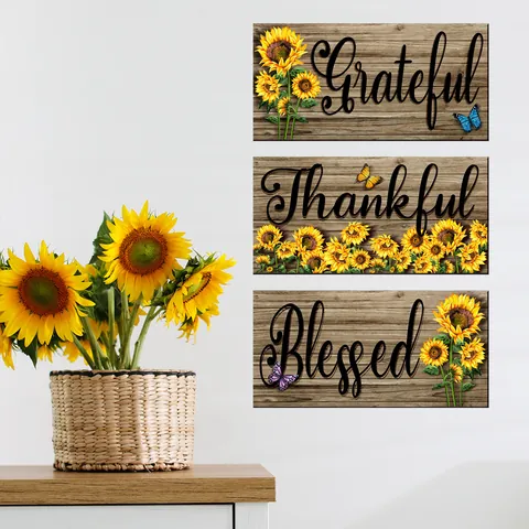 Zonnebloem Vlinder 3D Muursticker Rustiek Houtnerf Ontwerp Grateful Thankful Blessed Citaten PVC Sticker Home Decor