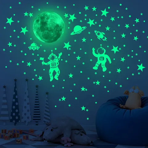 Glow In The Dark Wall Stickers Luminous Space Astronaut Moon Stars PVC Self-Adhesive For Kids Room Bedroom Ceiling Decor