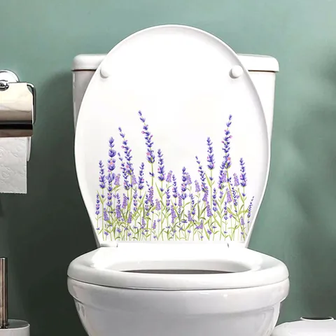 Purple Lavender Floral PVC Waterproof Toilet Sticker For Bathroom Home Decoration Self Adhesive Botanical Wall Art Decal