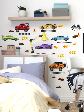 Cartoon Racing Car Wall Stickers For Kids Room Bedroom Decor PVC Self-Adhesive Multicolor Car Checkered Flag Wall Decals