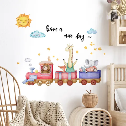 Cartoon Animal Train Wall Stickers For Kids Room Watercolor Bear Fox Giraffe PVC Removable Nursery Decor Art Mural