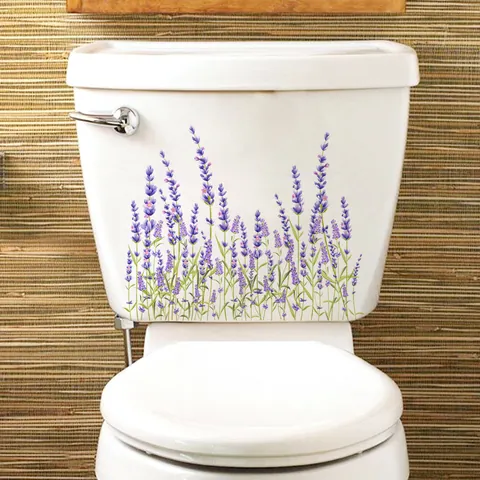 Purple Lavender Floral PVC Waterproof Toilet Sticker For Bathroom Home Decoration Self Adhesive Botanical Wall Art Decal