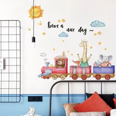 Cartoon Animal Train Wall Stickers For Kids Room Watercolor Bear Fox Giraffe PVC Removable Nursery Decor Art Mural