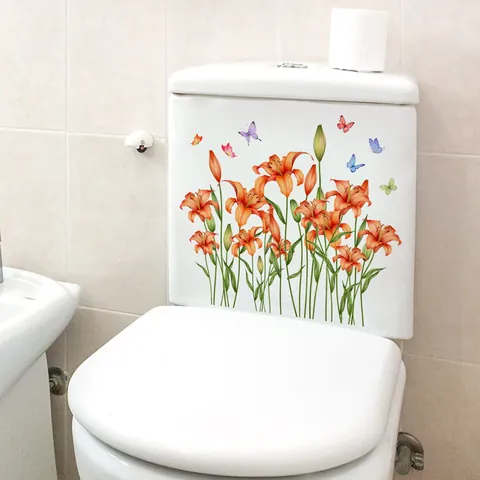Orange Lily Flower And Colorful Butterfly Toilet Sticker Waterproof PVC Self-Adhesive Wall Decal For Bathroom Home Decor