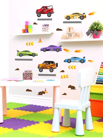 Cartoon Racing Car Wall Stickers For Kids Room Bedroom Decor PVC Self-Adhesive Multicolor Car Checkered Flag Wall Decals