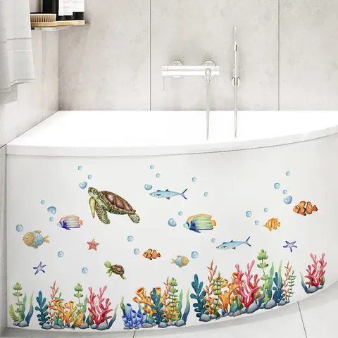 Ocean Sea World Wall Stickers PVC Waterproof Self-Adhesive Sea Turtle Fish Coral Reef For Bathroom Bathtub Decor