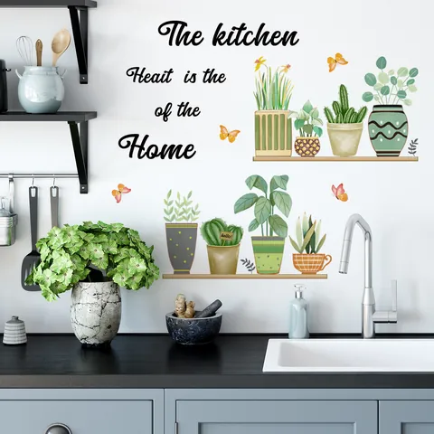 Adesivo da Parete per Cucina con Piante in Vaso PVC Rimovibile Citazione Heart Of Home Farfalla Autoadesivo Decorazione
