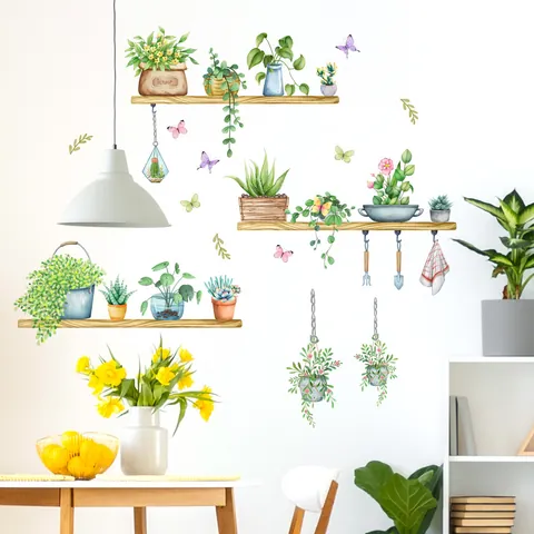 Watercolor Potted Plants Butterflies Wall Stickers PVC Green Leaves Wood Shelf Pattern DIY Wall Decals For Living Room Bedroom Decoration