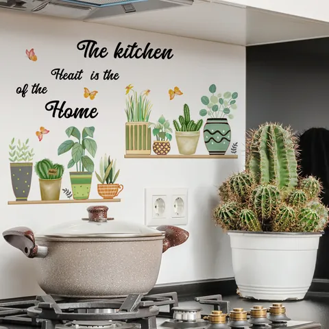Adesivo da Parete per Cucina con Piante in Vaso PVC Rimovibile Citazione Heart Of Home Farfalla Autoadesivo Decorazione