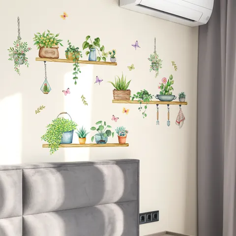 Watercolor Potted Plants Butterflies Wall Stickers PVC Green Leaves Wood Shelf Pattern DIY Wall Decals For Living Room Bedroom Decoration