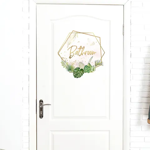 Modern Tropical Bathroom Door Sticker Self Adhesive PVC Wall Decal With Gold Geometric Frame Monstera Leaf Decorative Sign