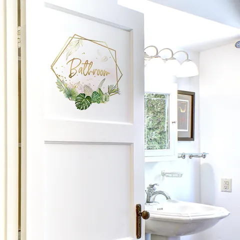 Modern Tropical Bathroom Door Sticker Self Adhesive PVC Wall Decal With Gold Geometric Frame Monstera Leaf Decorative Sign