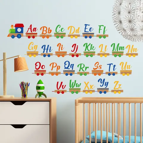 Cartoon Bunter Alphabet Zug Wandtattoo Pädagogische ABC Buchstaben PVC Selbstklebende Aufkleber Für Kinderzimmer Deko